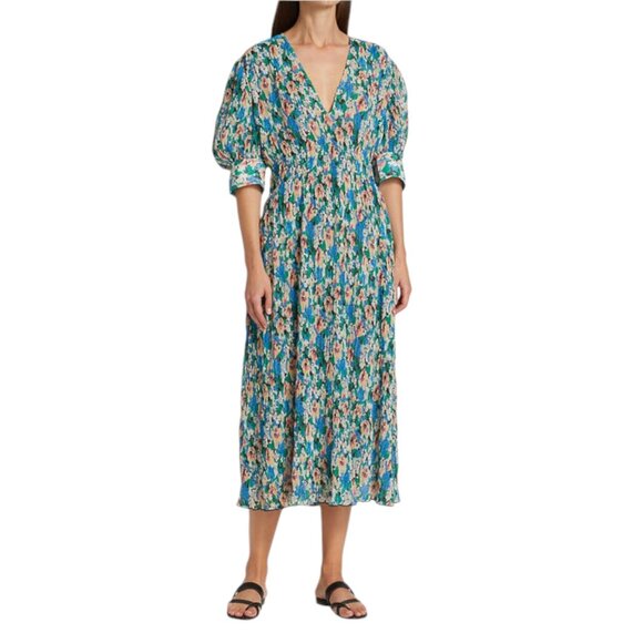 NWT GANNI floral print smocked plisse georgette MIDI dress